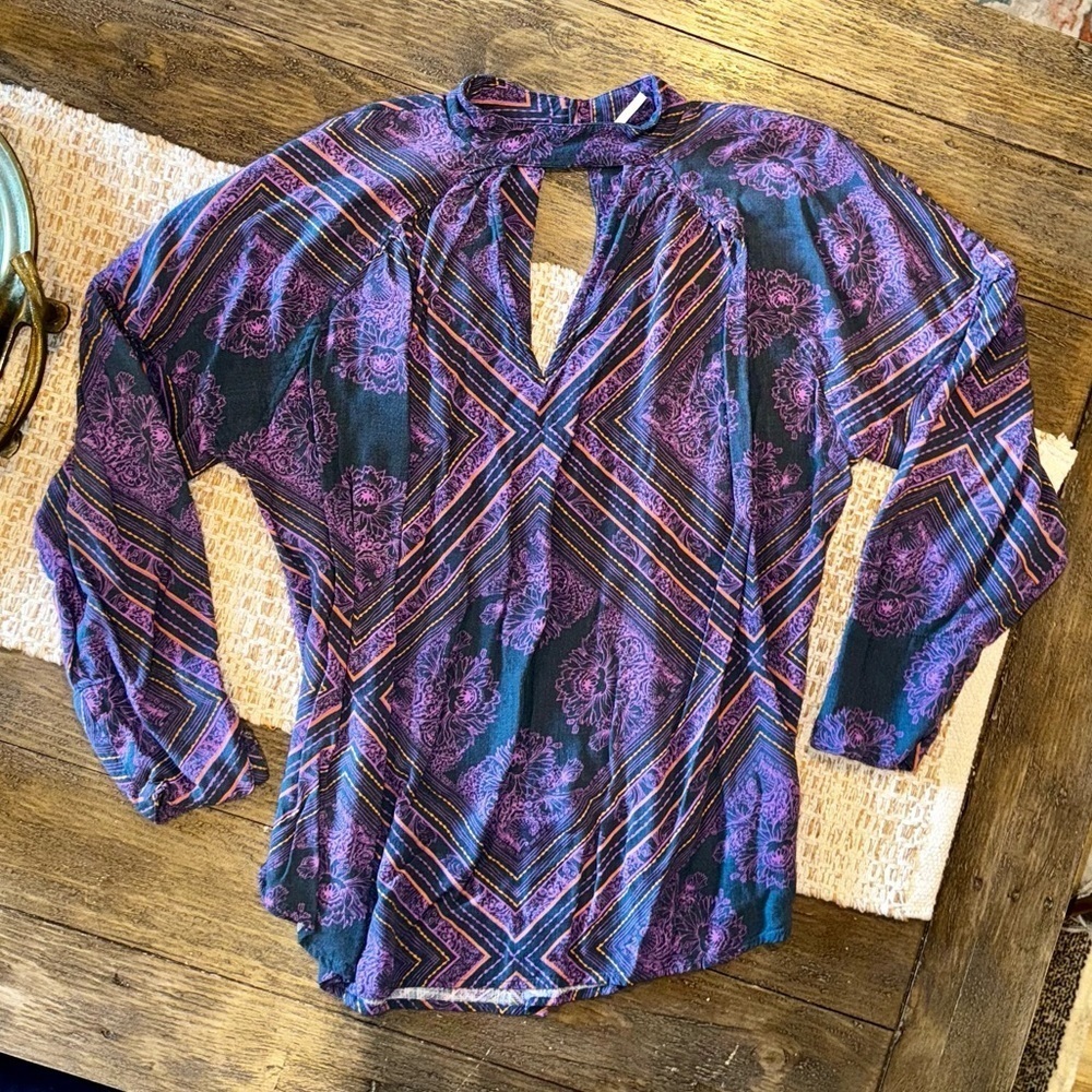 Free People Boho High Neck Cut Out Long Sleeve Flowy Top Size M